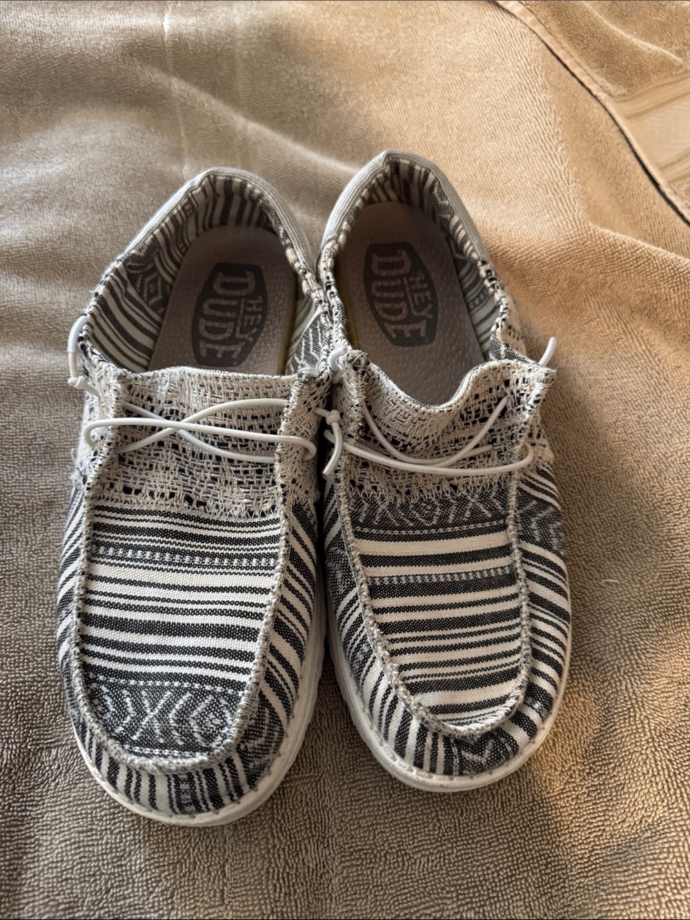 Hey Dude Womens Slip-On Shoes in Black and White Woven Stripe